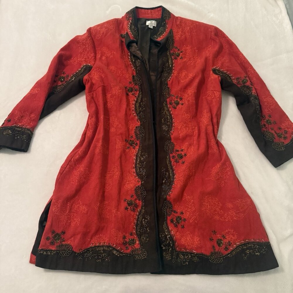 Chico's Womens Red Heritage‎ Beaded Coji Jacket Beaded Trim Size 3 Artsy Boho